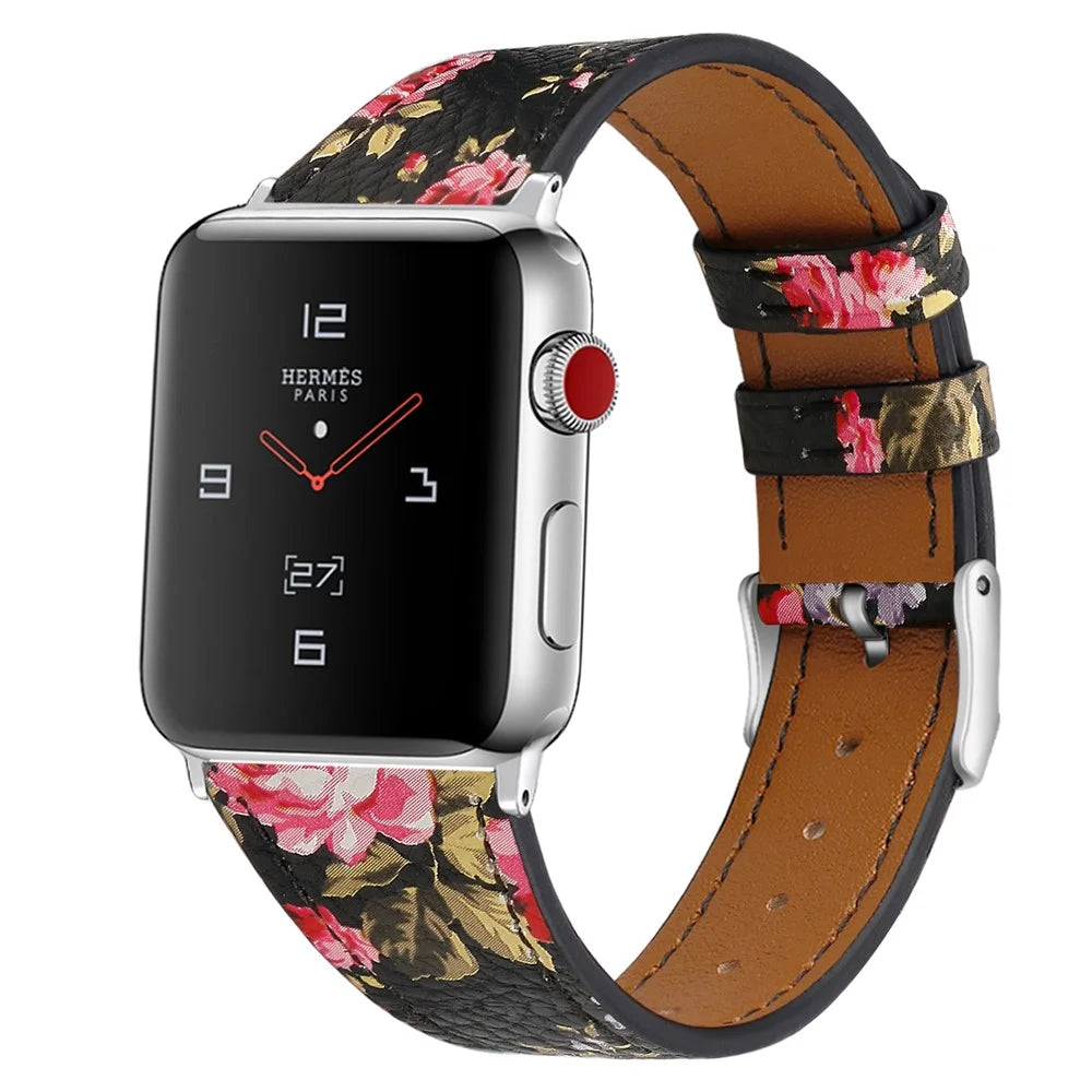 Wrist Band for Apple Watch Series 11 10 42mm / 9 8 7 41mm / SE3 SE2 SE 6 5 4 40mm / 3 2 1 38mm Adjustable Top Layer Cowhide Leather Watch Strap - Black / Pink Flower - 2
