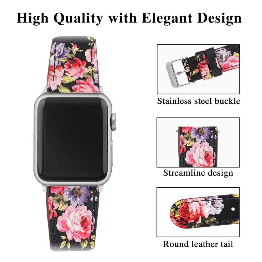 Wrist Band for Apple Watch Series 11 10 42mm / 9 8 7 41mm / SE3 SE2 SE 6 5 4 40mm / 3 2 1 38mm Adjustable Top Layer Cowhide Leather Watch Strap - Black / Pink Flower - 3