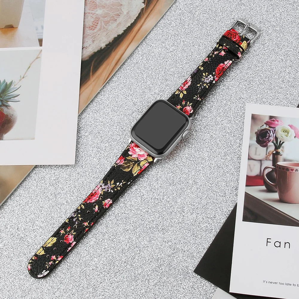 Wrist Band for Apple Watch Series 11 10 42mm / 9 8 7 41mm / SE3 SE2 SE 6 5 4 40mm / 3 2 1 38mm Adjustable Top Layer Cowhide Leather Watch Strap - Black / Pink Flower - 4