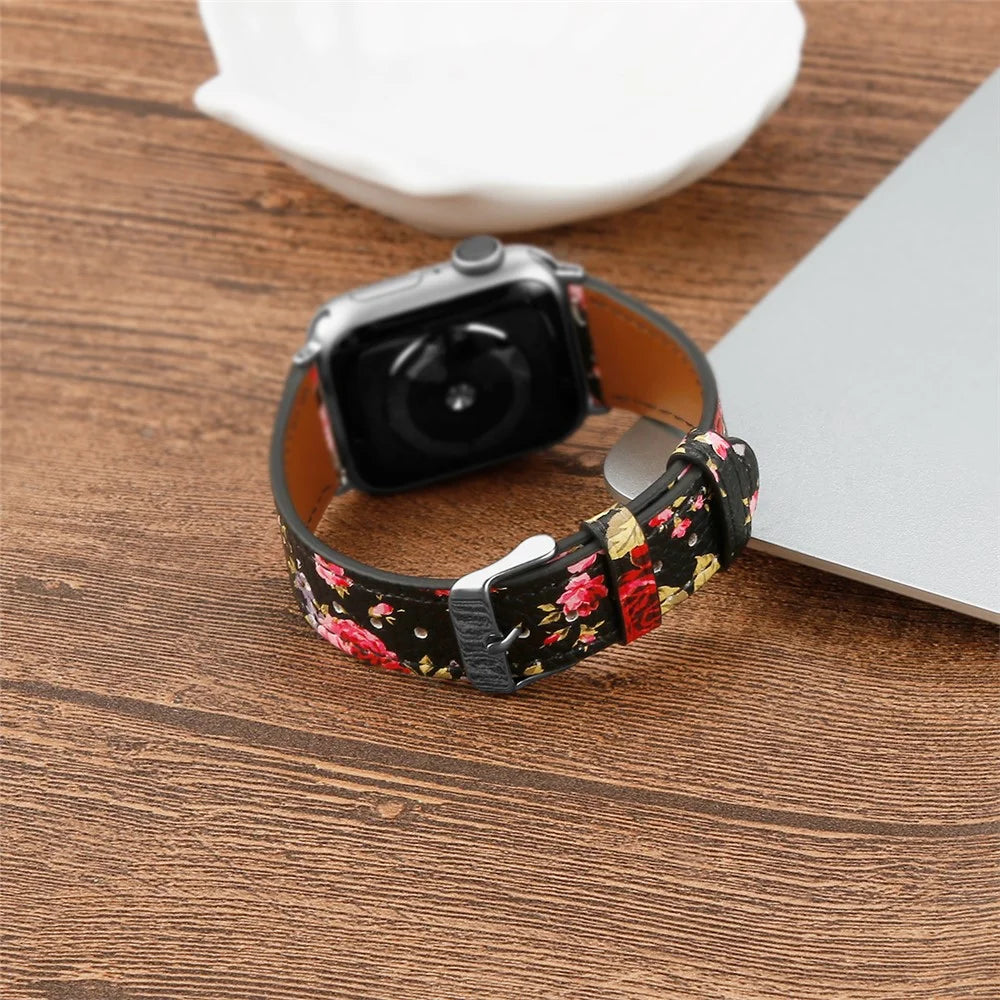 Wrist Band for Apple Watch Series 11 10 42mm / 9 8 7 41mm / SE3 SE2 SE 6 5 4 40mm / 3 2 1 38mm Adjustable Top Layer Cowhide Leather Watch Strap - Black / Pink Flower - 5