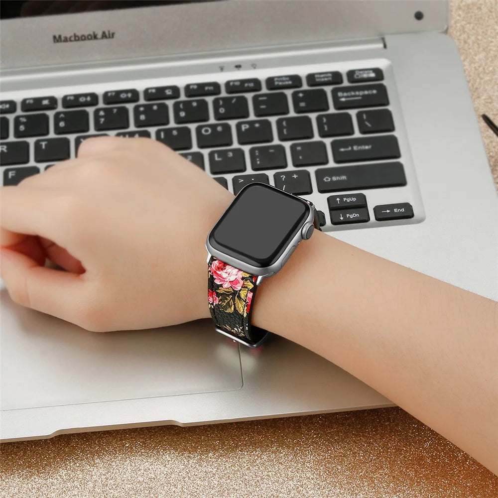 Wrist Band for Apple Watch Series 11 10 42mm / 9 8 7 41mm / SE3 SE2 SE 6 5 4 40mm / 3 2 1 38mm Adjustable Top Layer Cowhide Leather Watch Strap - Black / Pink Flower - 6
