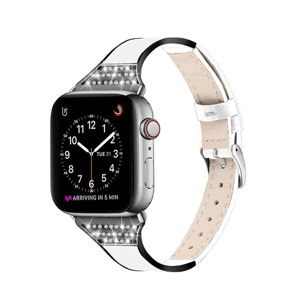 Rhinestone Decorative Ceramic+Stainless Steel+Genuine Leather Watchband for Apple Watch Ultra 3 2 1 49mm / Series 11 10 46mm / 9 8 7 45mm / SE3 SE2 SE 6 5 4 44mm / 3 2 1 42mm - White - 1