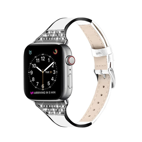 Ceramic+Stainless Steel+Genuine Leather Watch Strap for Apple Watch Series 11 10 42mm / 9 8 7 41mm / SE3 SE2 SE 6 5 4 40mm / 3 2 1 38mm - White - 1