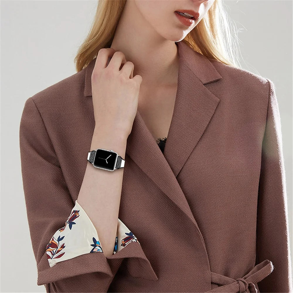 Ceramic+Stainless Steel+Genuine Leather Watch Strap for Apple Watch Series 11 10 42mm / 9 8 7 41mm / SE3 SE2 SE 6 5 4 40mm / 3 2 1 38mm - White - 7