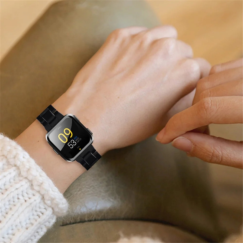 Quick Release 3 Beads Resin Watch Strap with Stainless Steel Folding Clasp for Fitbit Versa 2/Fitbit Versa/Versa Lite/Versa SE - Black - 7