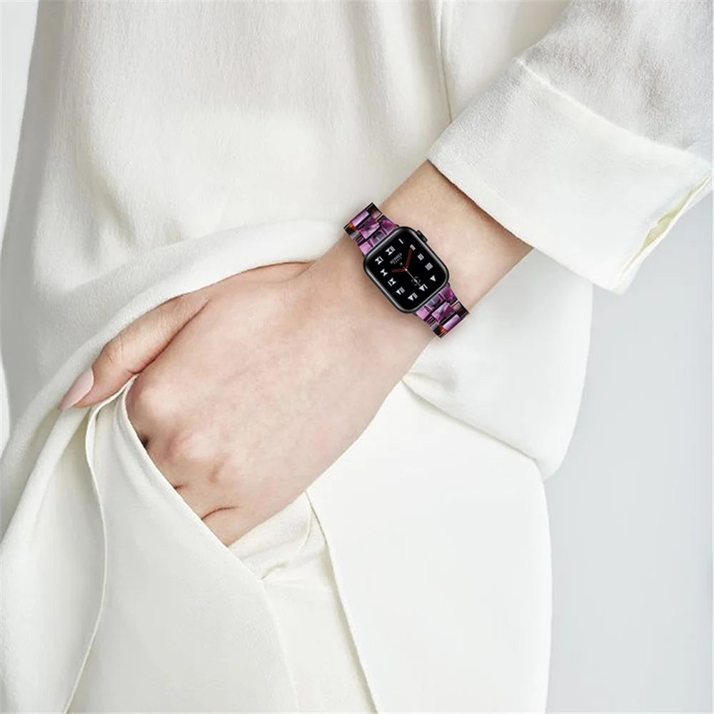 Color Splicing Resin Strap 3 Beads Watchband with Butterfly Buckle for Apple Watch Ultra 3 2 1 49mm / Series 11 10 46mm / 9 8 7 45mm / SE3 SE2 SE 6 5 4 44mm / 3 2 1 42mm - Hawksbill / Purple - 6