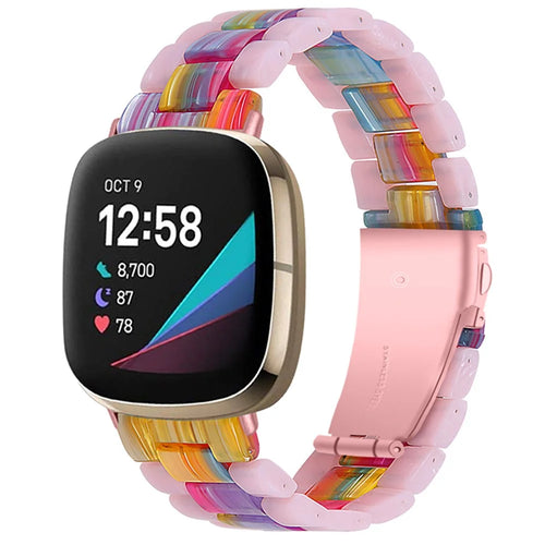 Color Splicing Resin Wrist Bracelet with Butterfly Buckle 3 Beads Watch Strap for Fitbit Versa 3/Fitbit Sense - Glitter Pink/Colorful - 1