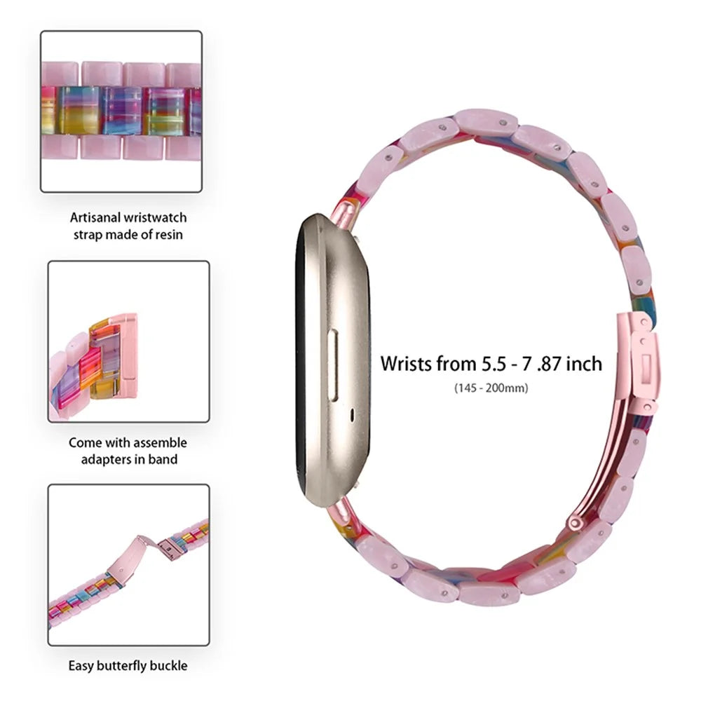 Color Splicing Resin Wrist Bracelet with Butterfly Buckle 3 Beads Watch Strap for Fitbit Versa 3/Fitbit Sense - Glitter Pink/Colorful - 3