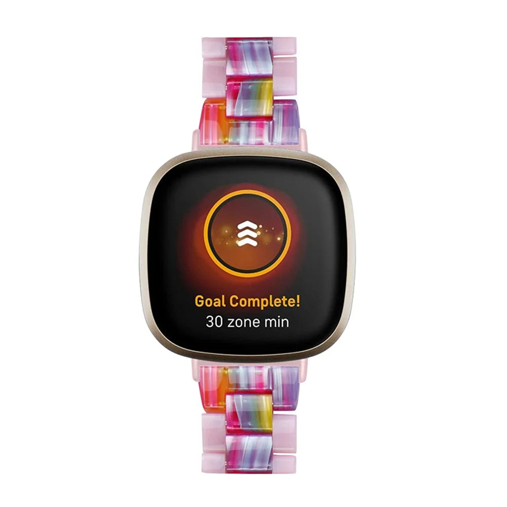 Color Splicing Resin Wrist Bracelet with Butterfly Buckle 3 Beads Watch Strap for Fitbit Versa 3/Fitbit Sense - Glitter Pink/Colorful - 4