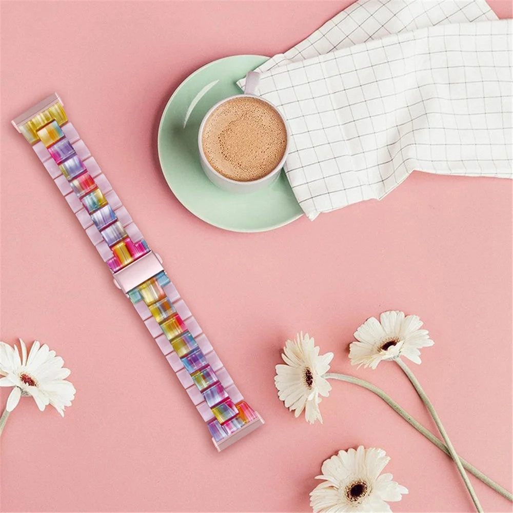 Color Splicing Resin Wrist Bracelet with Butterfly Buckle 3 Beads Watch Strap for Fitbit Versa 3/Fitbit Sense - Glitter Pink/Colorful - 5