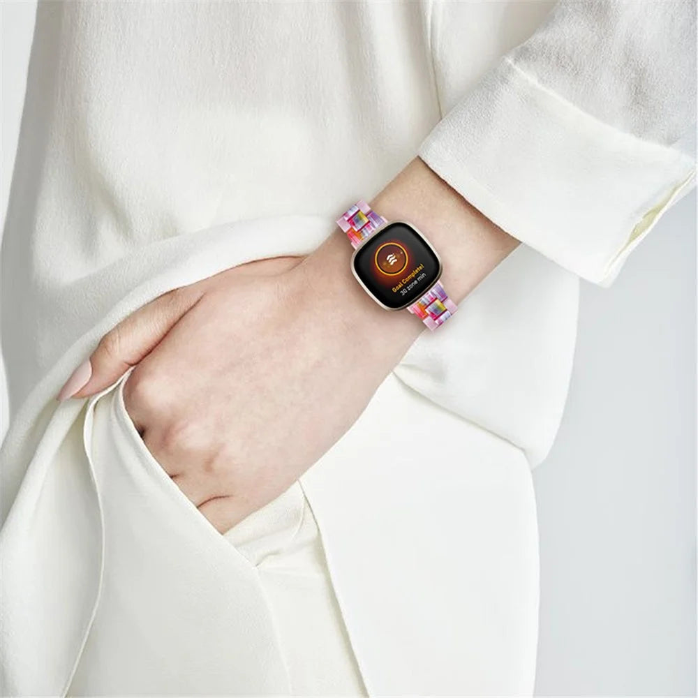 Color Splicing Resin Wrist Bracelet with Butterfly Buckle 3 Beads Watch Strap for Fitbit Versa 3/Fitbit Sense - Glitter Pink/Colorful - 6