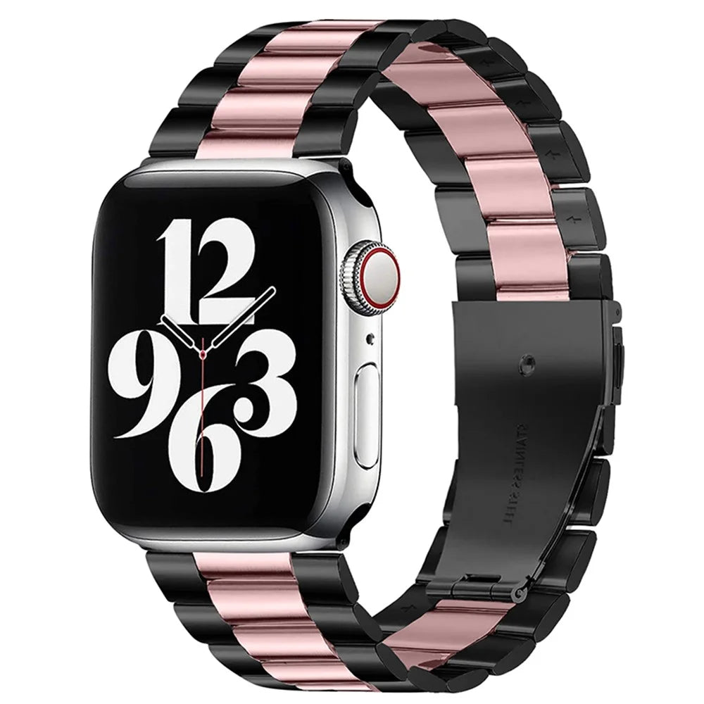 Smart Watch Stainless Steel 3 Beads Strap Metal Watchband with Double Folding Buckle for Apple Watch Ultra 2 49mm / Series 9 45mm / SE (2023) 44mm / Ultra 49mm / Series 8 45mm / 7 45mm / 6 / 5 / 4 / SE 44mm / SE (2022) 44mm / 3 / 2 / 1 42mm - Black / Pink - 2