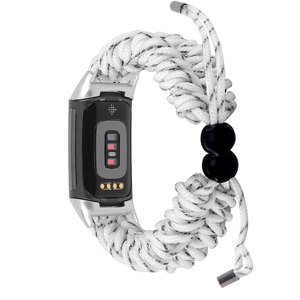 Stretchable Nylon Braided Rope Watch Strap Slide Beads Replacement Wrist Band for Fitbit Charge 6 / 5 - White / Grey - 1