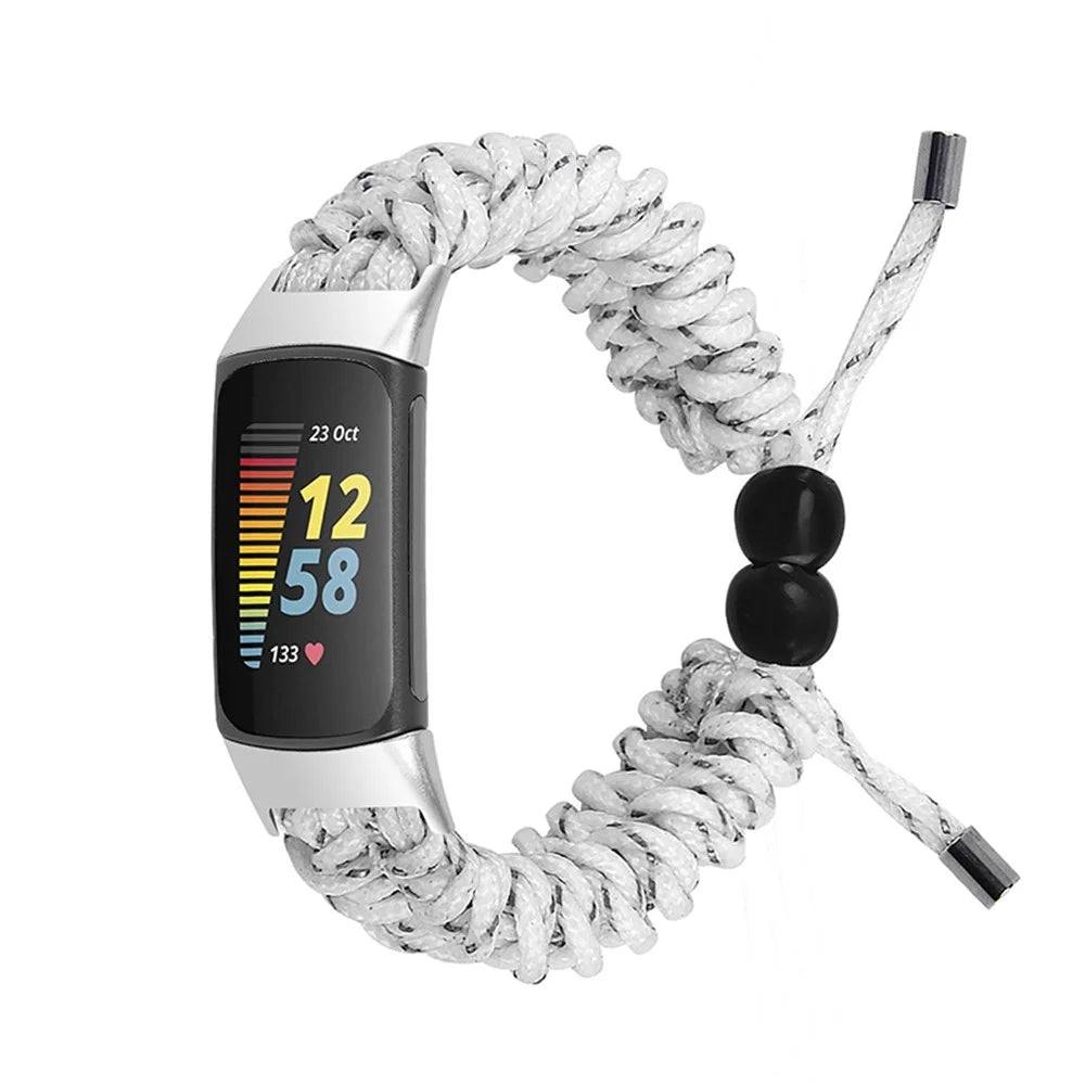 Stretchable Nylon Braided Rope Watch Strap Slide Beads Replacement Wrist Band for Fitbit Charge 6 / 5 - White / Grey - 2