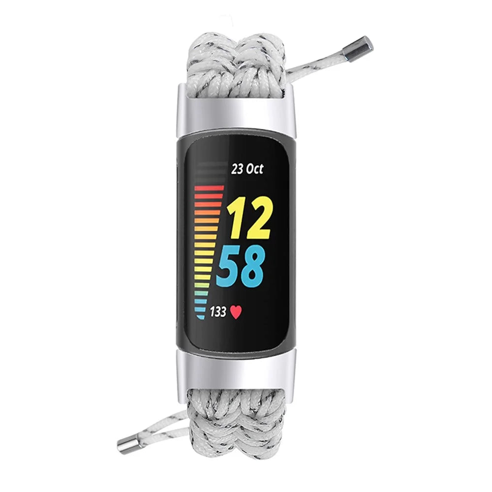 Stretchable Nylon Braided Rope Watch Strap Slide Beads Replacement Wrist Band for Fitbit Charge 6 / 5 - White / Grey - 3