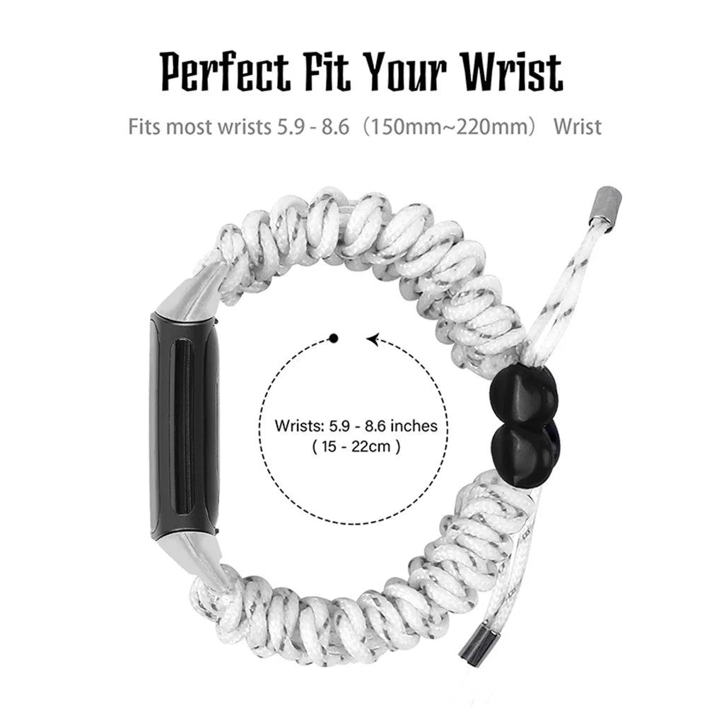 Stretchable Nylon Braided Rope Watch Strap Slide Beads Replacement Wrist Band for Fitbit Charge 6 / 5 - White / Grey - 5