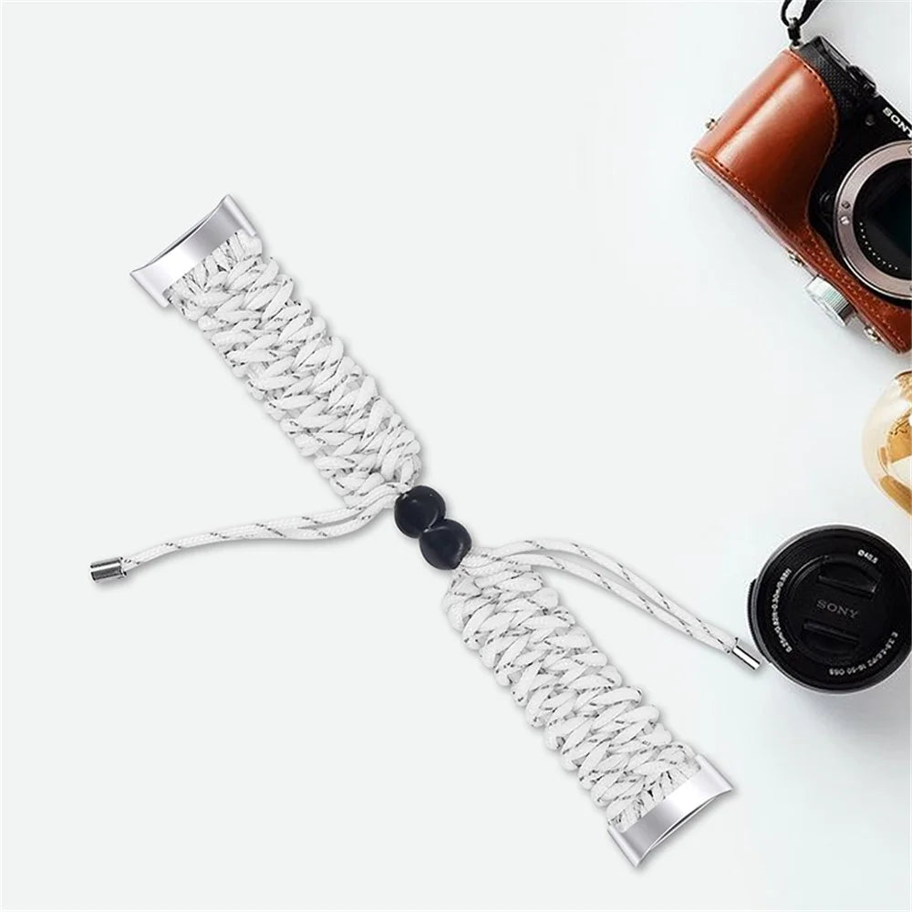 Stretchable Nylon Braided Rope Watch Strap Slide Beads Replacement Wrist Band for Fitbit Charge 6 / 5 - White / Grey - 6