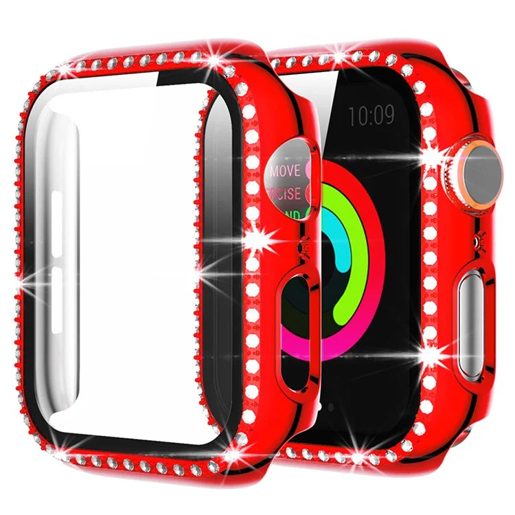 Single Row Rhinestone Decorative PC Watch Case Cover + Tempered Glass Screen Protector for Apple Watch Series 3/2/1 42mm - Red - 1