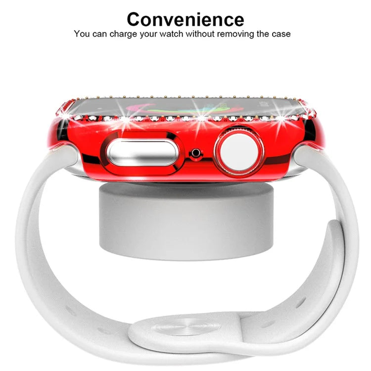 Single Row Rhinestone Decorative PC Watch Case Cover + Tempered Glass Screen Protector for Apple Watch Series 3/2/1 42mm - Red - 4