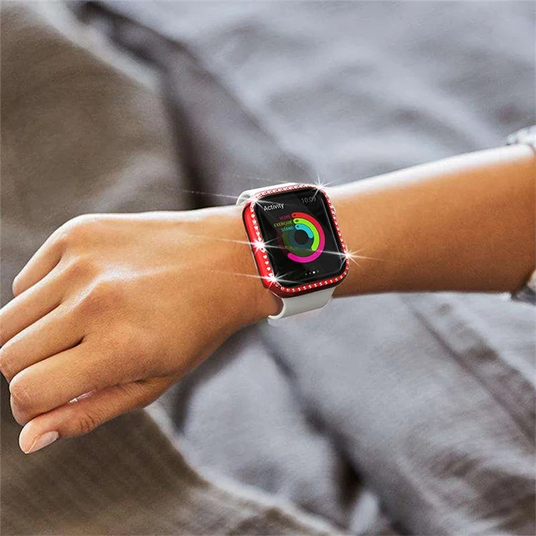 Single Row Rhinestone Decorative PC Watch Case Cover + Tempered Glass Screen Protector for Apple Watch Series 3/2/1 42mm - Red - 6