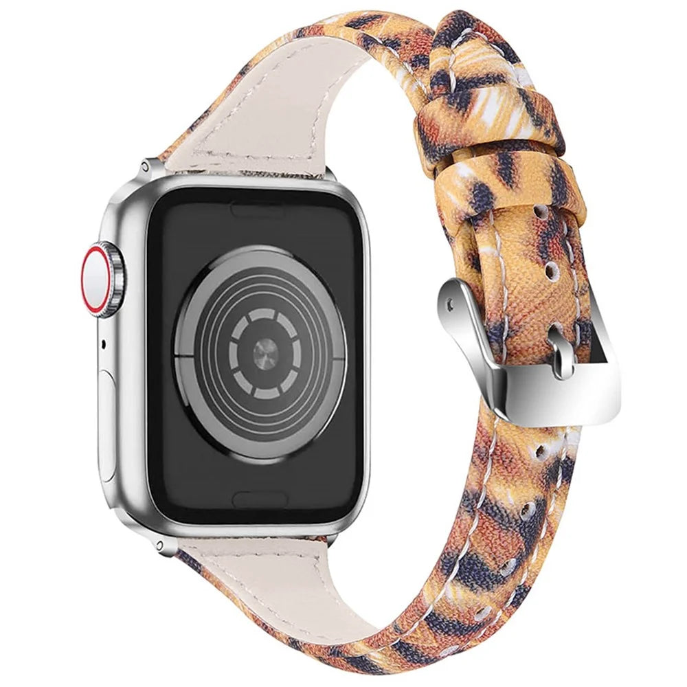 Leopard Pattern Pointed Tail Watchband Top Layer Cowhide Genuine Leather Wrist Strap for Apple Watch Series 8 41mm / Series 7 41mm / Series 6 / 5 / 4 / SE / SE(2022) 40mm / Watch Series 1 / 2 / 3 38mm - Brown / Black Leopard - 1