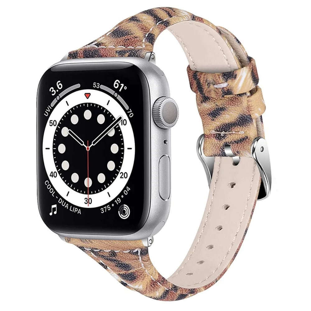 Leopard Pattern Pointed Tail Watchband Top Layer Cowhide Genuine Leather Wrist Strap for Apple Watch Series 8 41mm / Series 7 41mm / Series 6 / 5 / 4 / SE / SE(2022) 40mm / Watch Series 1 / 2 / 3 38mm - Brown / Black Leopard - 2