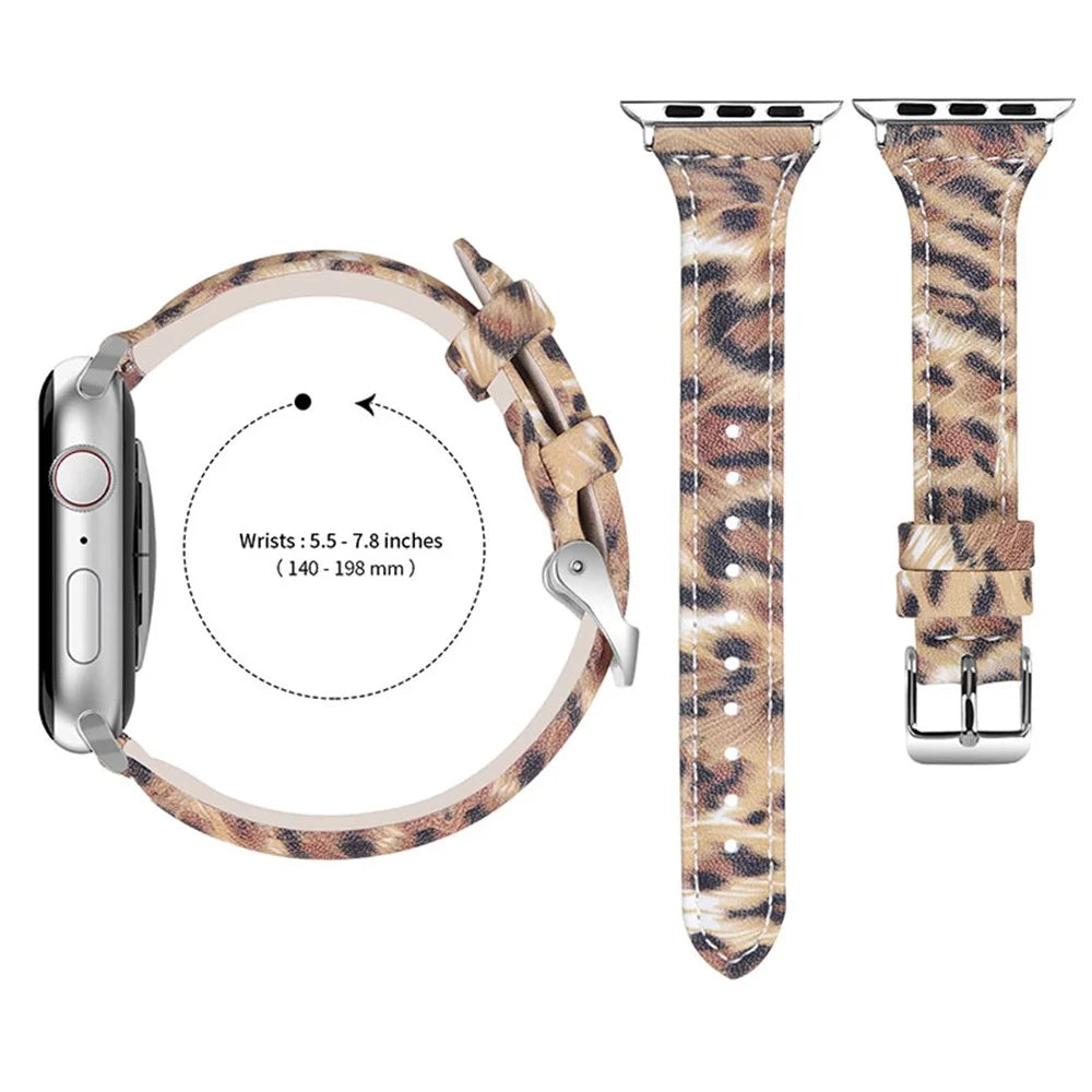 Leopard Pattern Top Layer Cowhide Genuine Leather Wrist Strap Pointed Tail Watchband for Apple Watch Ultra 2 49mm / Series 9 45mm / SE (2023) 44mm / Ultra 49mm / Series 8 45mm / 7 45mm / Watch Series 6 / SE 44mm / SE (2022) 44mm / 5 / 4 44mm / Watch - 3
