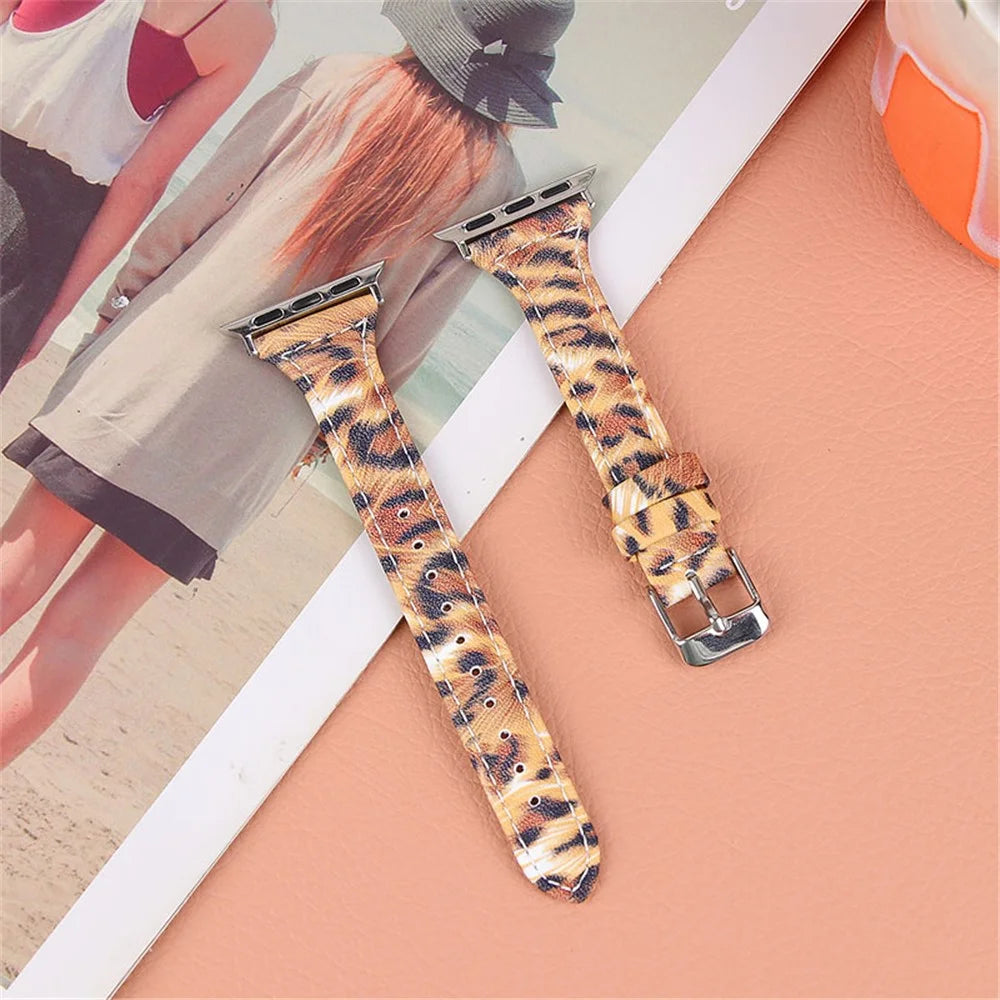 Leopard Pattern Top Layer Cowhide Genuine Leather Wrist Strap Pointed Tail Watchband for Apple Watch Ultra 2 49mm / Series 9 45mm / SE (2023) 44mm / Ultra 49mm / Series 8 45mm / 7 45mm / Watch Series 6 / SE 44mm / SE (2022) 44mm / 5 / 4 44mm / Watch - 4