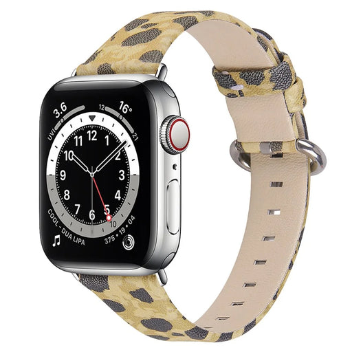 Fashion Leopard Pattern Watchband Top Layer Cowhide Genuine Leather Round Tail Strap for Apple Watch Series 8 41mm / Series 7 41mm / Series 6 / 5 / 4 / SE / SE(2022) 40mm / Watch Series 1 / 2 / 3 38mm - Army Green Leopard - 2