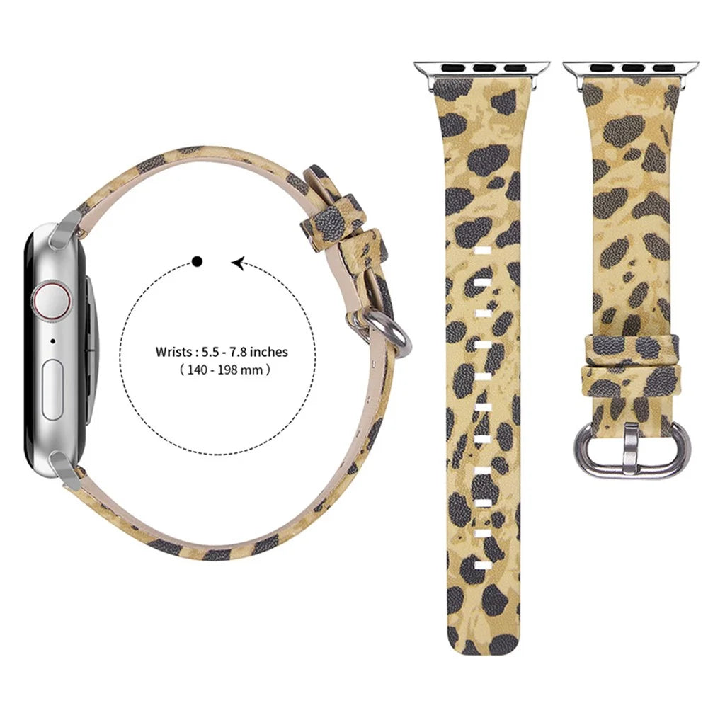 Fashion Leopard Pattern Watchband Top Layer Cowhide Genuine Leather Round Tail Strap for Apple Watch Series 8 41mm / Series 7 41mm / Series 6 / 5 / 4 / SE / SE(2022) 40mm / Watch Series 1 / 2 / 3 38mm - Army Green Leopard - 3