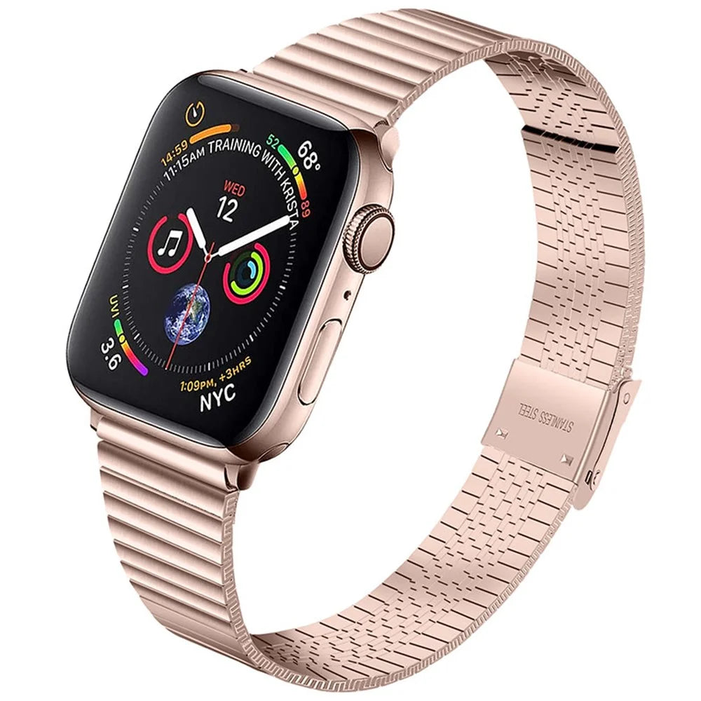 Side Textured Adjustable Stainless Steel Watch Band with Double Buckle Design for Apple Watch Ultra 3 2 1 49mm / Series 11 10 46mm / 9 8 7 45mm / SE3 SE2 SE 6 5 4 44mm / 3 2 1 42mm - Pink Gold - 1