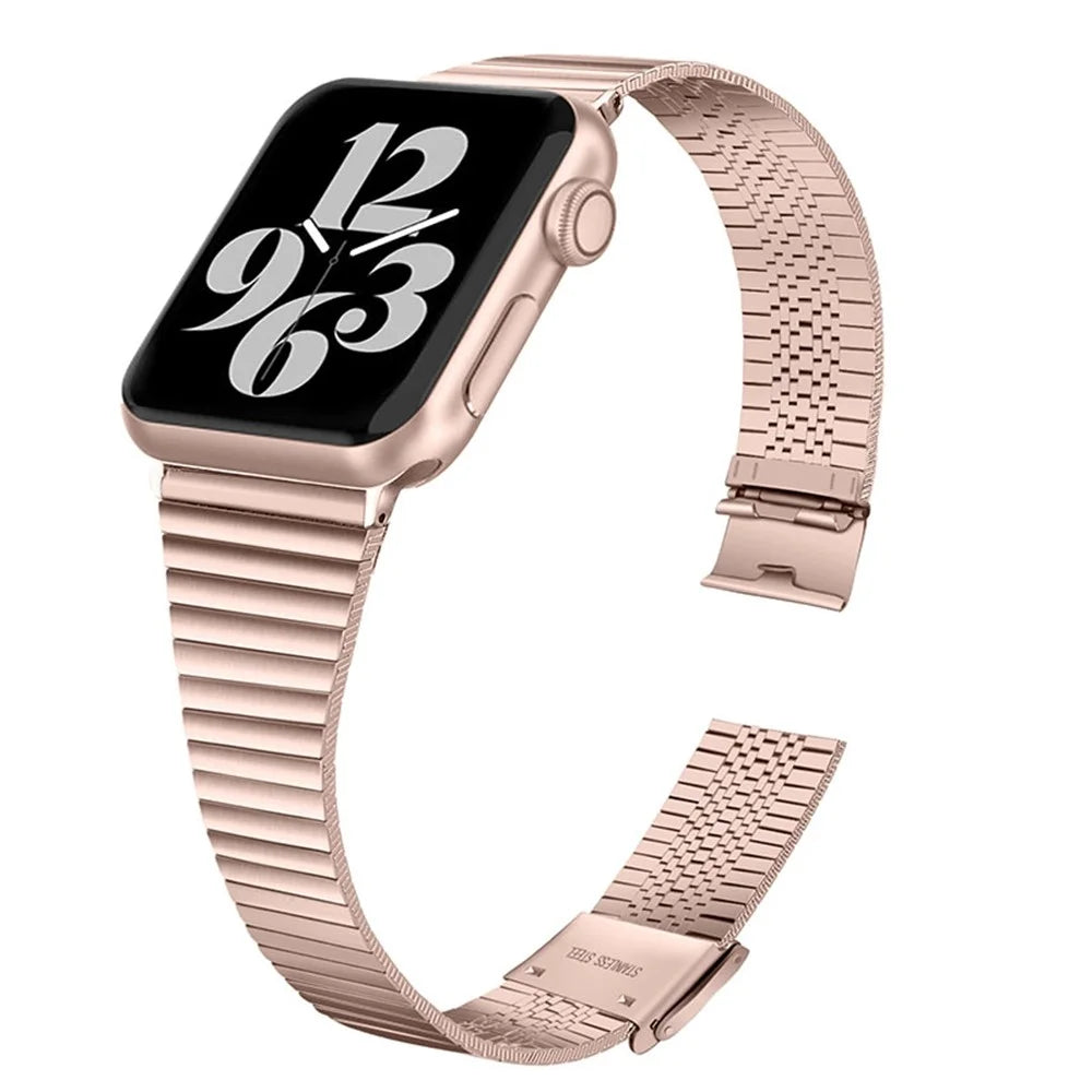 Side Textured Adjustable Stainless Steel Watch Band with Double Buckle Design for Apple Watch Ultra 3 2 1 49mm / Series 11 10 46mm / 9 8 7 45mm / SE3 SE2 SE 6 5 4 44mm / 3 2 1 42mm - Pink Gold - 2