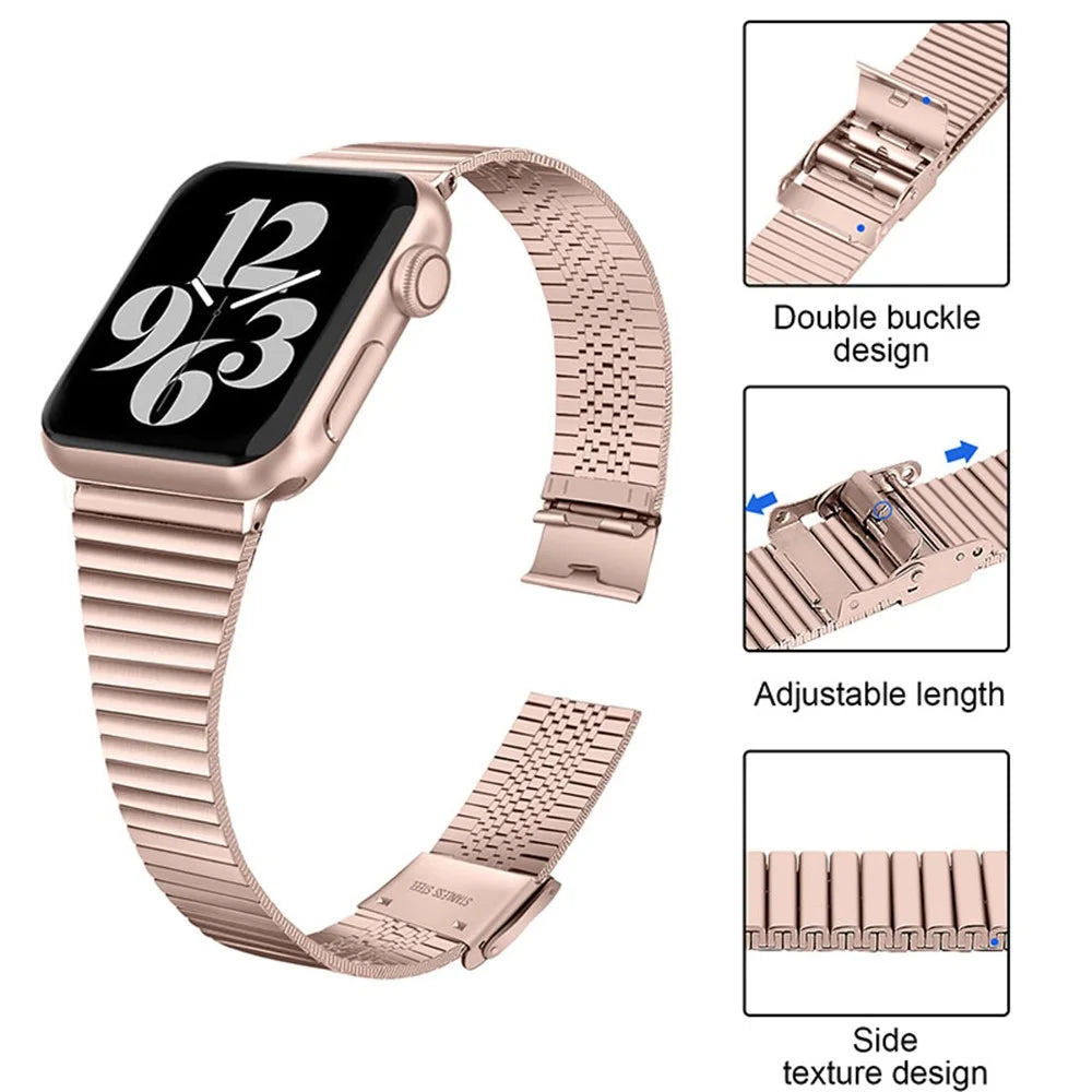 Side Textured Adjustable Stainless Steel Watch Band with Double Buckle Design for Apple Watch Ultra 3 2 1 49mm / Series 11 10 46mm / 9 8 7 45mm / SE3 SE2 SE 6 5 4 44mm / 3 2 1 42mm - Pink Gold - 3