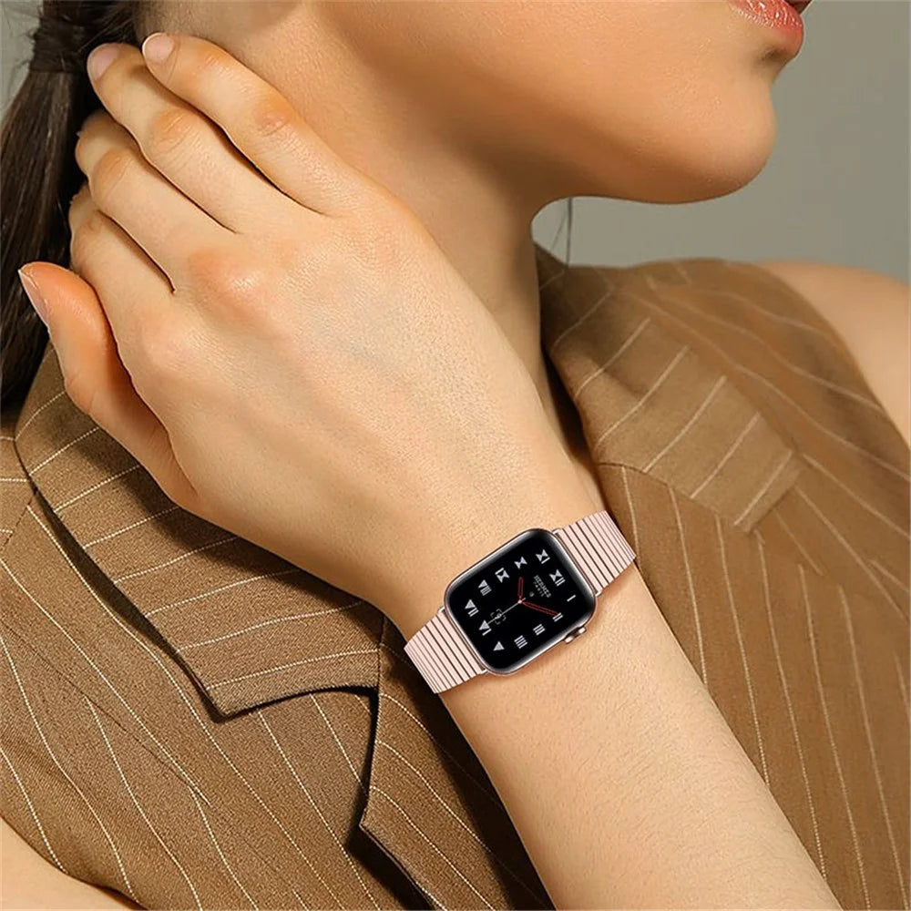 Side Textured Adjustable Stainless Steel Watch Band with Double Buckle Design for Apple Watch Ultra 3 2 1 49mm / Series 11 10 46mm / 9 8 7 45mm / SE3 SE2 SE 6 5 4 44mm / 3 2 1 42mm - Pink Gold - 6