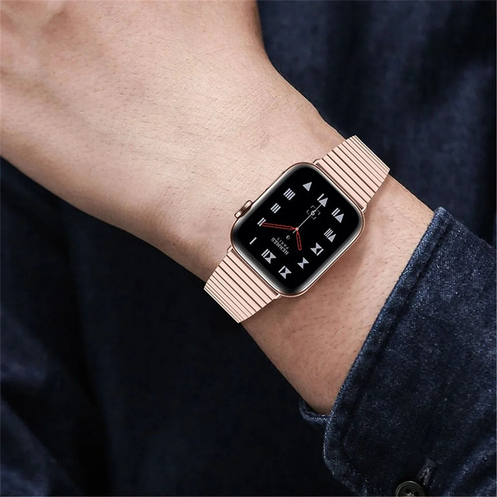 Side Textured Adjustable Stainless Steel Watch Band with Double Buckle Design for Apple Watch Ultra 3 2 1 49mm / Series 11 10 46mm / 9 8 7 45mm / SE3 SE2 SE 6 5 4 44mm / 3 2 1 42mm - Pink Gold - 7