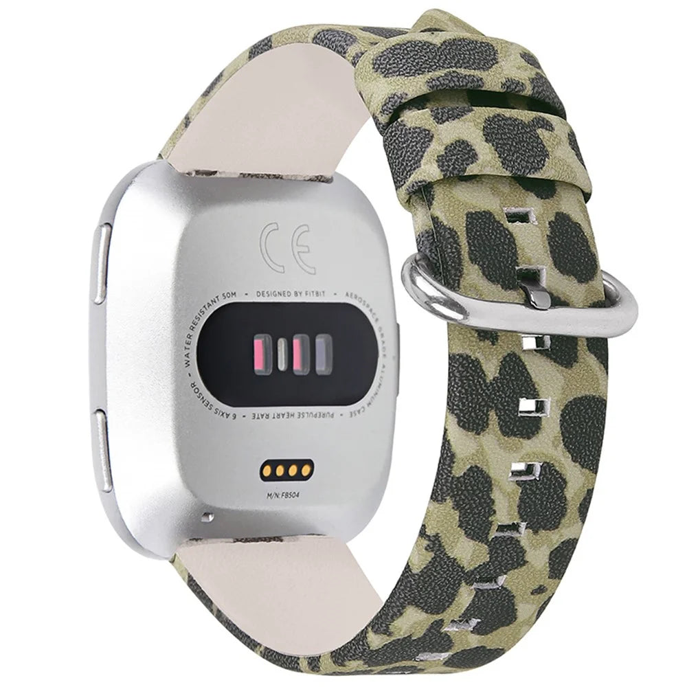 Leopard Texture Genuine Cowhide Leather Watch Band Strap Replacement for Fitbit Versa/Versa 2/Versa Lite/Versa SE - Army Green - 1