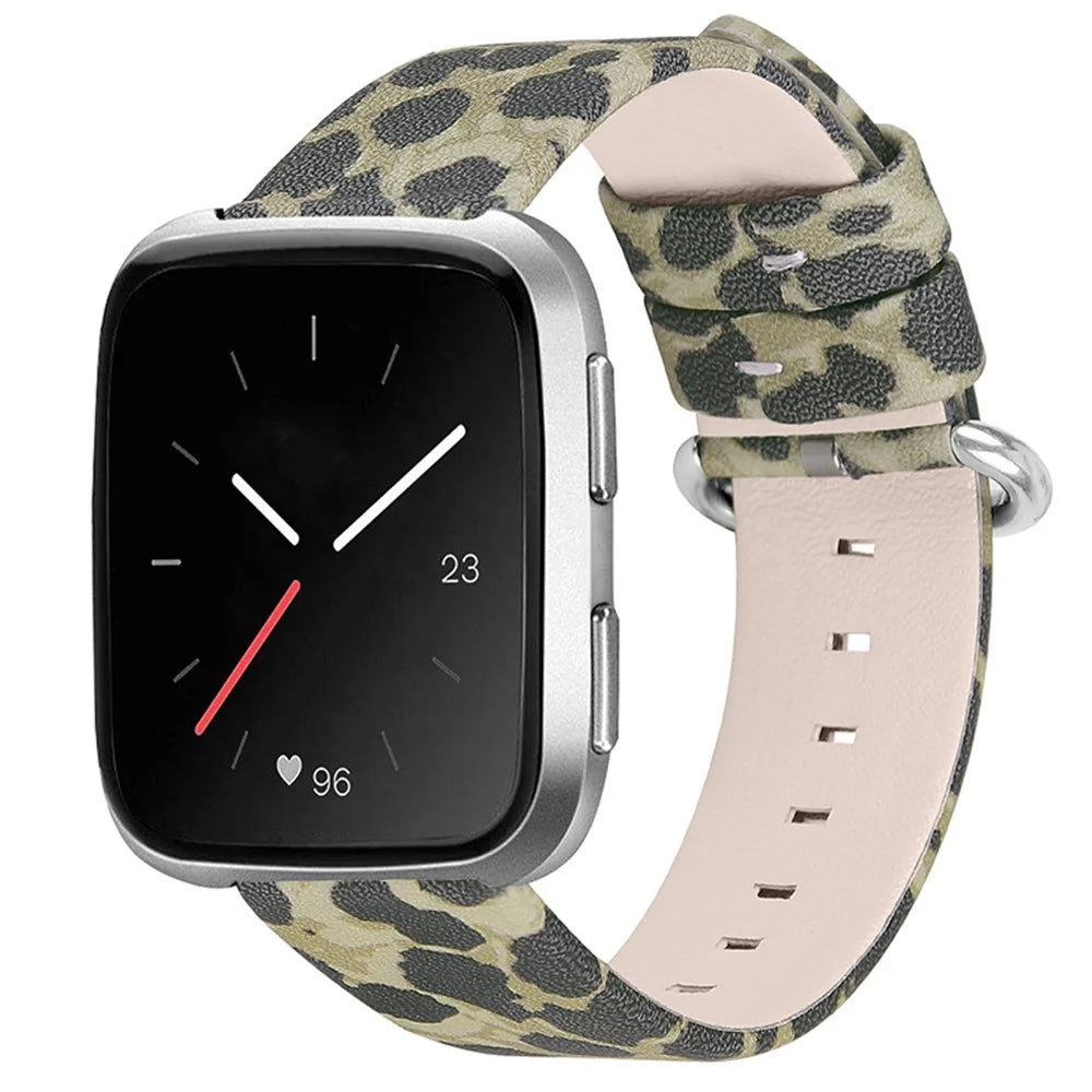 Leopard Texture Genuine Cowhide Leather Watch Band Strap Replacement for Fitbit Versa/Versa 2/Versa Lite/Versa SE - Army Green - 3