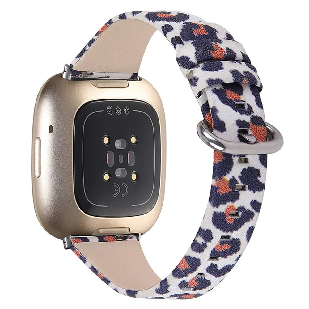 Genuine Cowhide Leather Leopard Texture Smart Watch Strap Adjustable Wristband for Fitbit Versa 3/Fitbit Sense - White/Brown - 1
