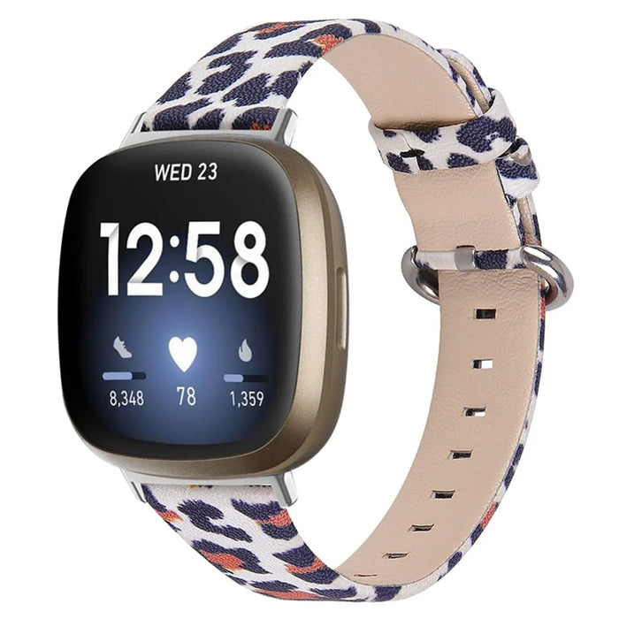 Genuine Cowhide Leather Leopard Texture Smart Watch Strap Adjustable Wristband for Fitbit Versa 3/Fitbit Sense - White/Brown - 2