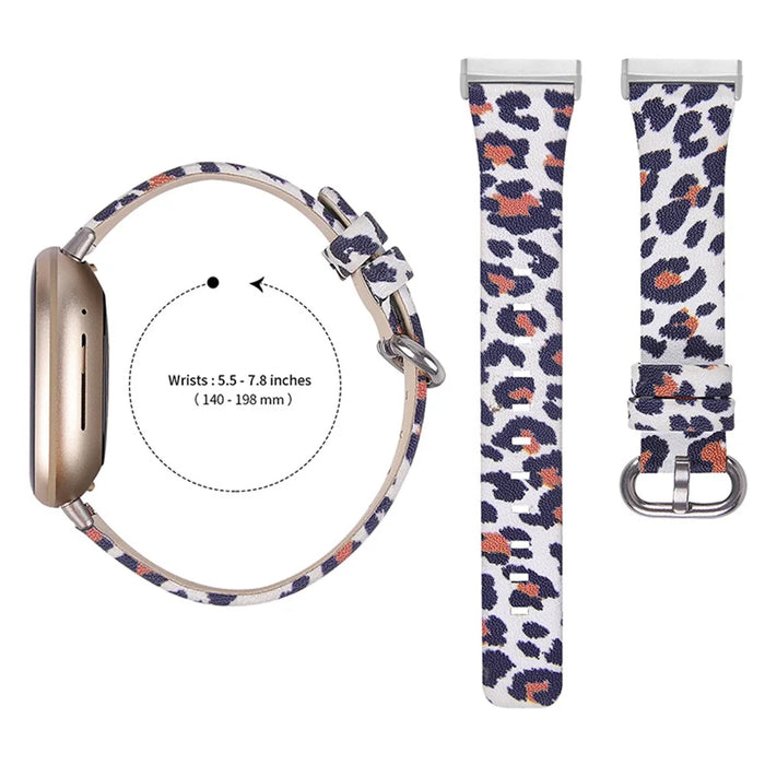 Genuine Cowhide Leather Leopard Texture Smart Watch Strap Adjustable Wristband for Fitbit Versa 3/Fitbit Sense - White/Brown - 3