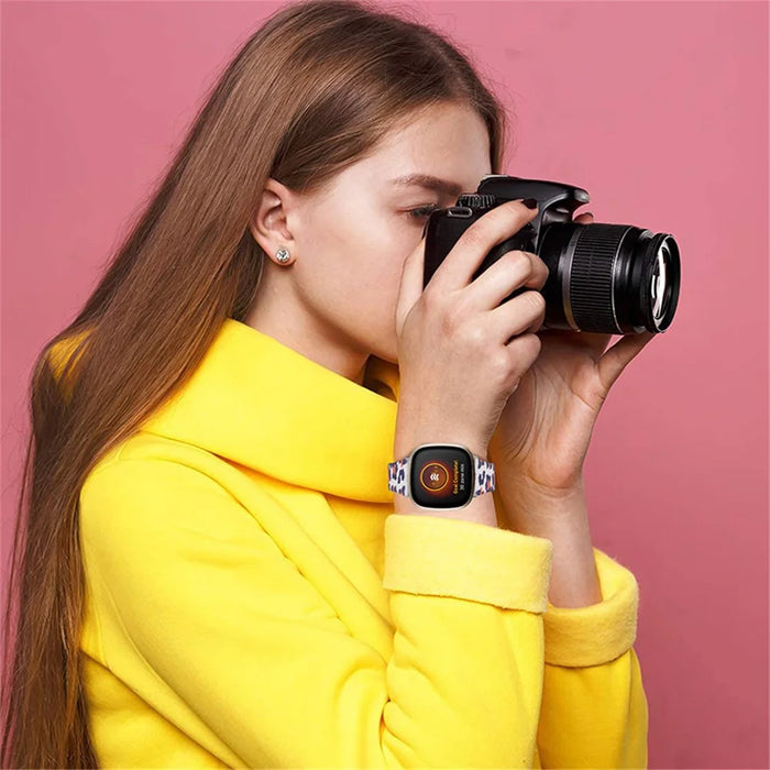 Genuine Cowhide Leather Leopard Texture Smart Watch Strap Adjustable Wristband for Fitbit Versa 3/Fitbit Sense - White/Brown - 5