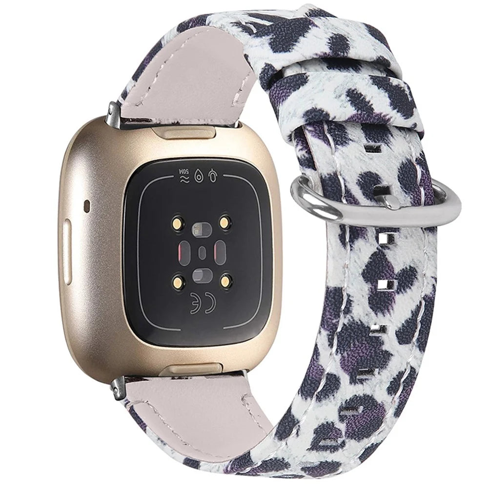 Leopard Texture Genuine Cowhide Leather Adjustable Watch Band Strap for Fitbit Versa 3/Fitbit Sense - Black - 1
