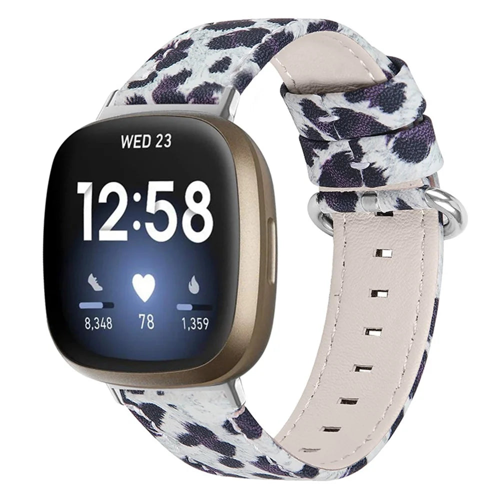 Leopard Texture Genuine Cowhide Leather Adjustable Watch Band Strap for Fitbit Versa 3/Fitbit Sense - Black - 2