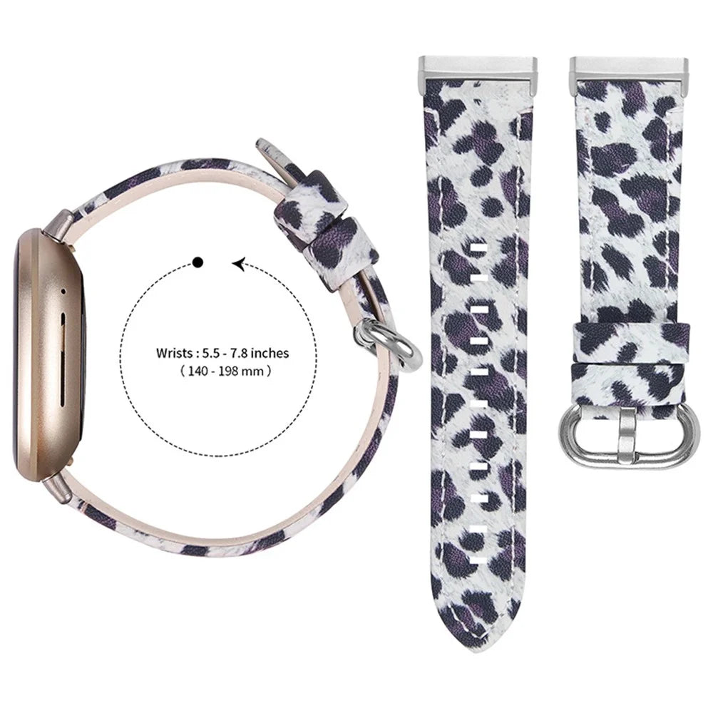 Leopard Texture Genuine Cowhide Leather Adjustable Watch Band Strap for Fitbit Versa 3/Fitbit Sense - Black - 3