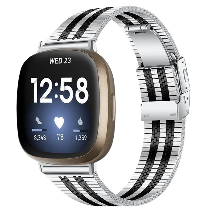 5 Beads Stainless Steel Watch Band Tortoise Back Buckle Wrist Strap for Fitbit Versa 3/Fitbit Sense - Black Splicing - 2