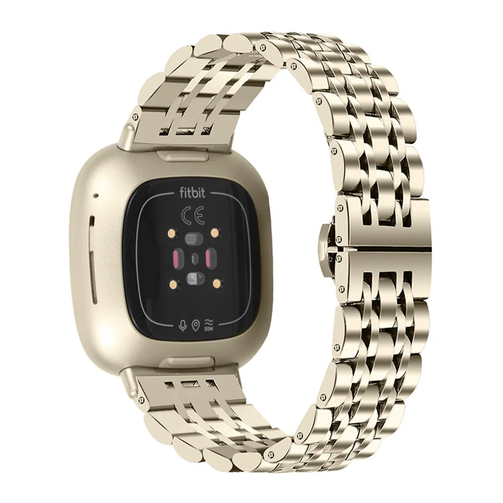Stainless Steel Fashionable 7 Beads Design Watchband Replacement Wrist Strap for Fitbit Sense/Versa 3 - Champagne Gold - 1