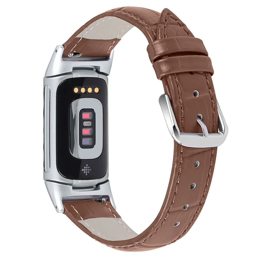 Genuine Leather Crocodile Texture Smart Watch Strap Adjustable Watchband for Fitbit Charge 6 / 5 - Brown - 1