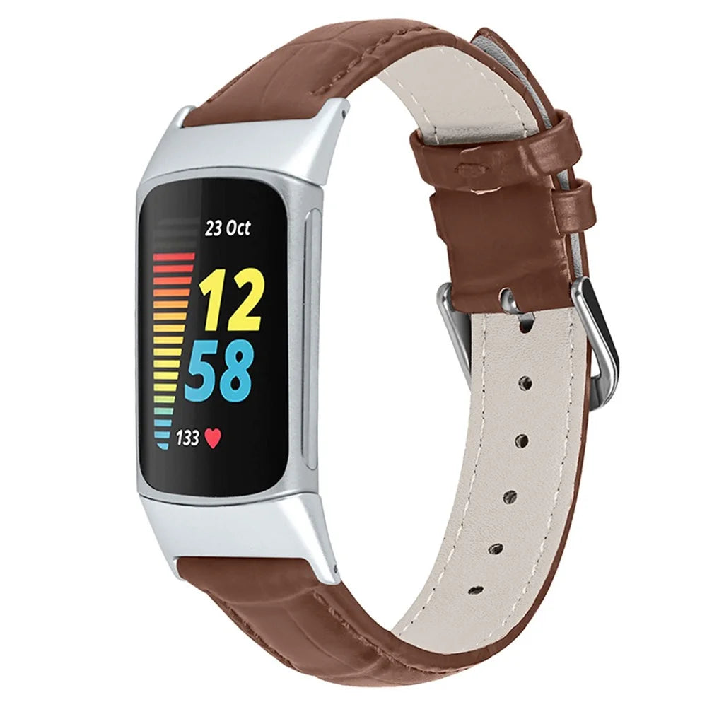 Genuine Leather Crocodile Texture Smart Watch Strap Adjustable Watchband for Fitbit Charge 6 / 5 - Brown - 2
