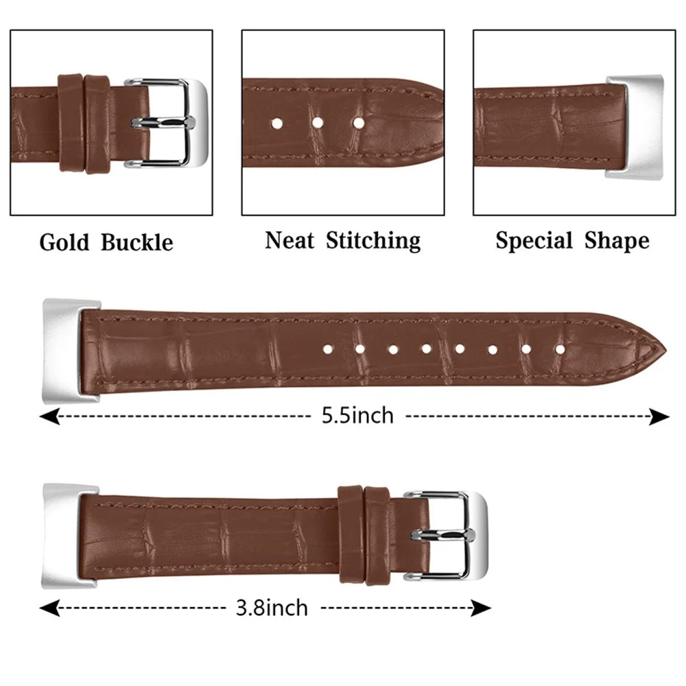 Genuine Leather Crocodile Texture Smart Watch Strap Adjustable Watchband for Fitbit Charge 6 / 5 - Brown - 3