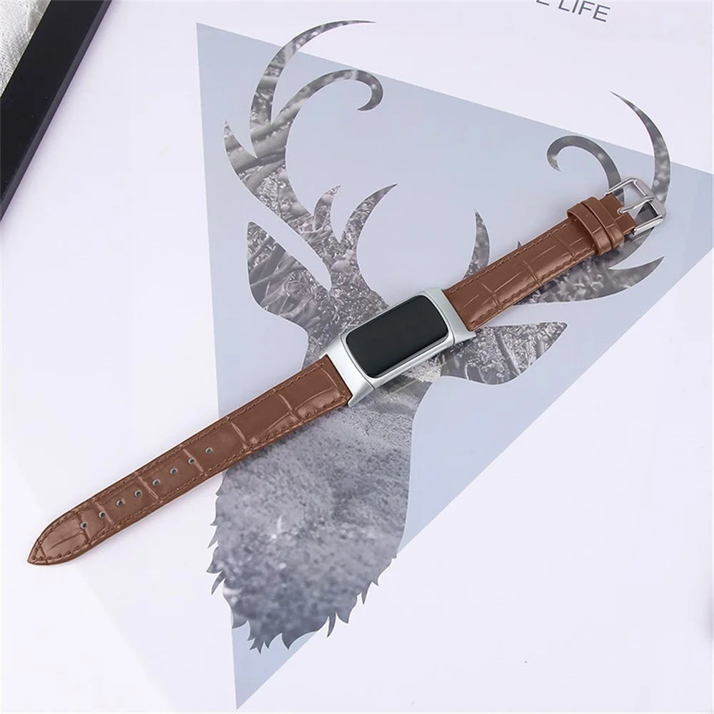 Genuine Leather Crocodile Texture Smart Watch Strap Adjustable Watchband for Fitbit Charge 6 / 5 - Brown - 4